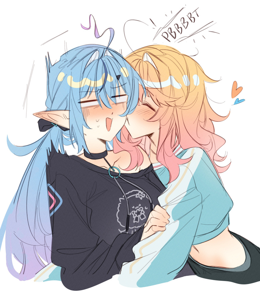 2girls, =_=, absurdres, ahoge, black_choker, black_shirt, blank_eyes, blonde_hair