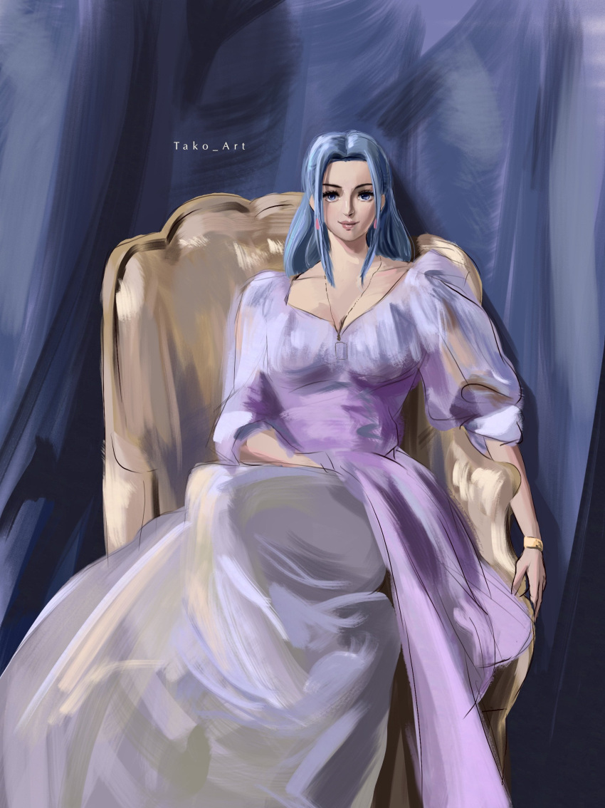 1girl, absurdres, blue_eyes, blue_hair, bracelet, closed_mouth, commentary, dress