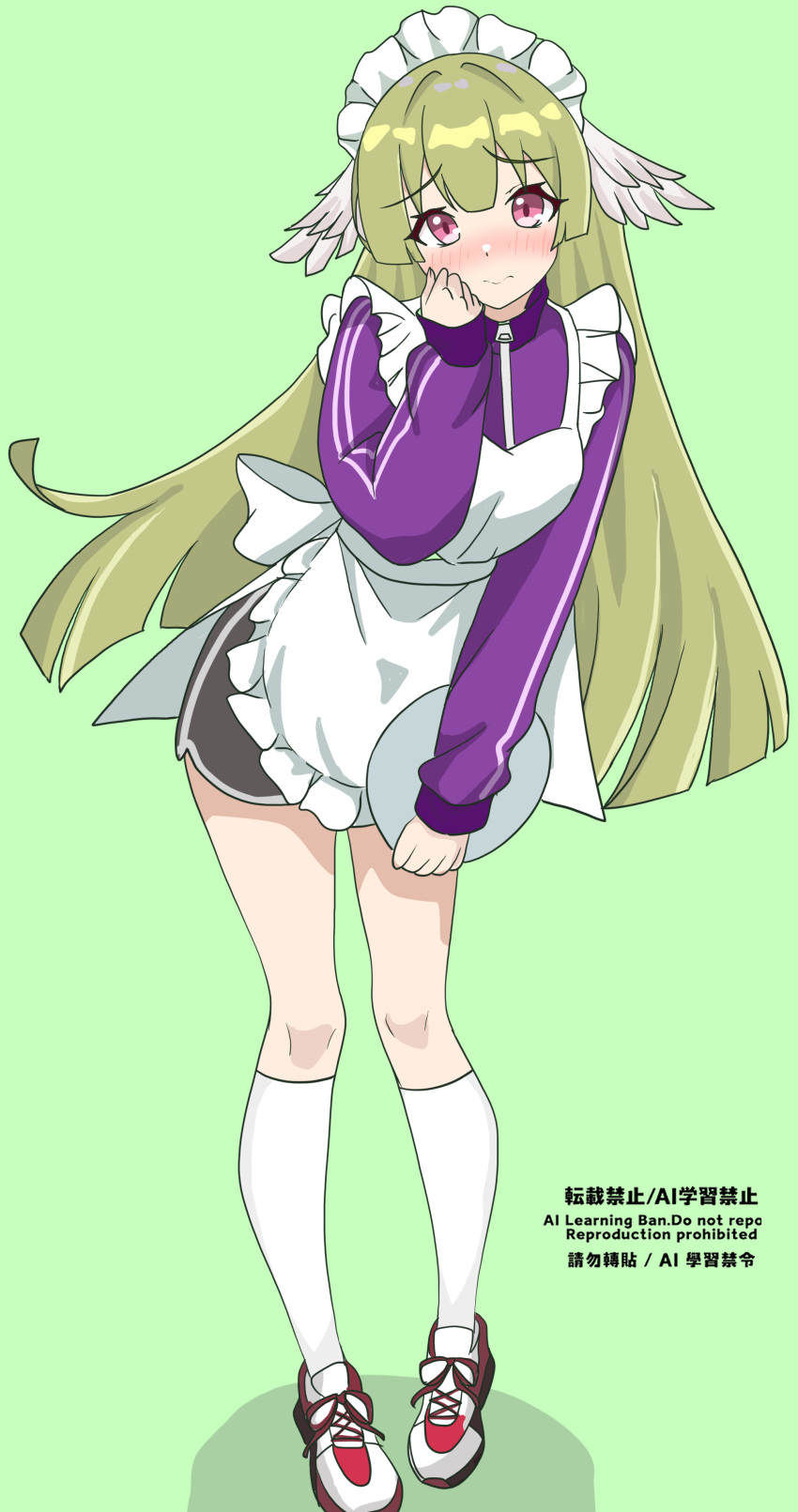 1girl, absurdres, alternate_costume, apron, arknights, blush, commentary, dolphin_shorts