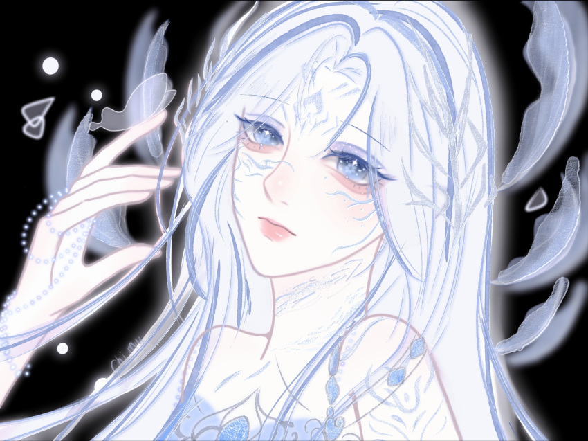 1girl, bare_shoulders, beads, black_background, blue_dress, blue_eyes, bodypaint, born_flawless_(infinity_nikki), bug, butterfly, butterfly_on_hand, chimu94180, chinese_commentary, closed_mouth, commentary_request, dress, expressionless, eye_glitter, eyelashes, eyes_visible_through_hair, eyeshadow, facepaint, feather_hair_ornament, feathers, hair_intakes, hair_ornament, hand_up, head_tilt, highres, infinity_nikki, light_blush, lipstick, long_hair, makeup, nikki_(series), outline, parted_bangs, pink_lips, purple_eyeshadow, sidelocks, simple_background, sleeveless, sleeveless_dress, solo, sparkling_eyes, straight_hair, upper_body, white_butterfly, white_hair, white_outline