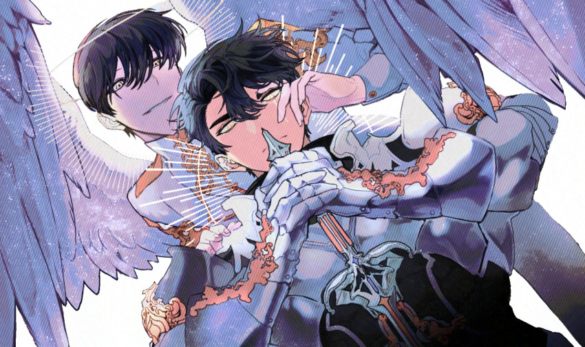 2boys, armor, black_hair, breastplate, epaulettes, feathered_wings, from_behind, halo, halo_behind_head, hand_on_another's_face, hand_on_another's_shoulder, highres, holding, holding_sword, holding_weapon, kim_dokja, knight, male_focus, multiple_boys, official_alternate_costume, omniscient_reader's_viewpoint, paradero_91, ricardo_von_kaizenix, scar, scar_across_eye, scar_on_face, schweichen_von_kaizenix, serious, short_hair, smile, sword, weapon, white_wings, wings, yellow_eyes, yoo_joonghyuk
