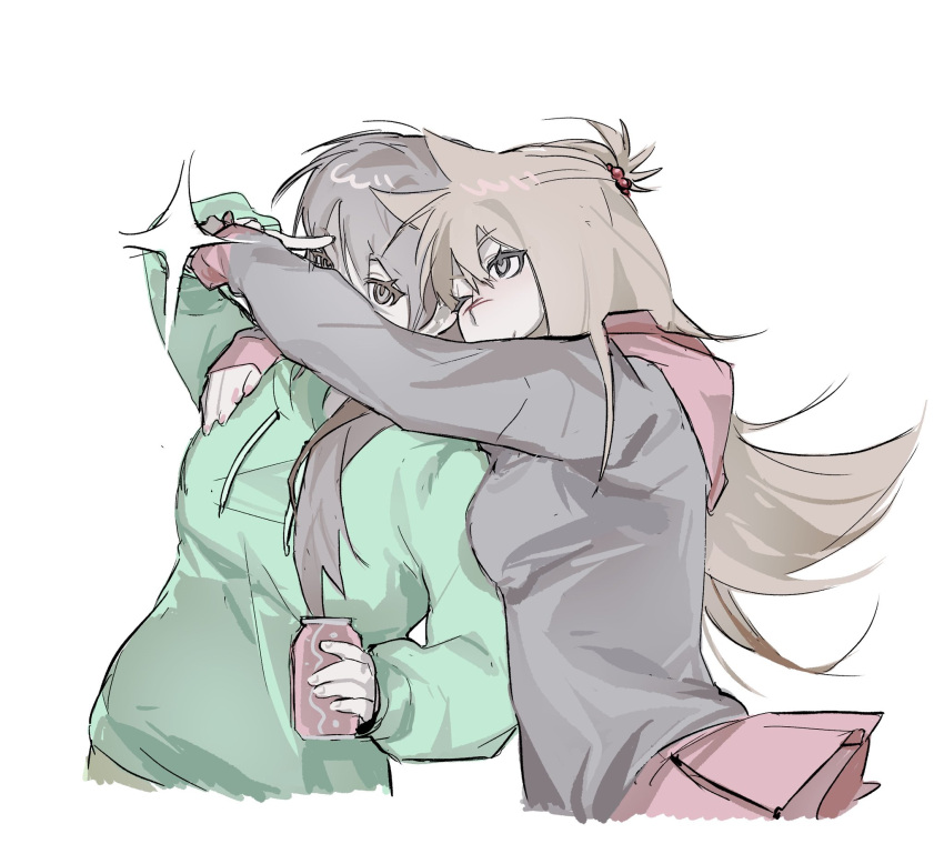 2girls, animification, black_hoodie, breasts, brown_hair, can, commentary, couple