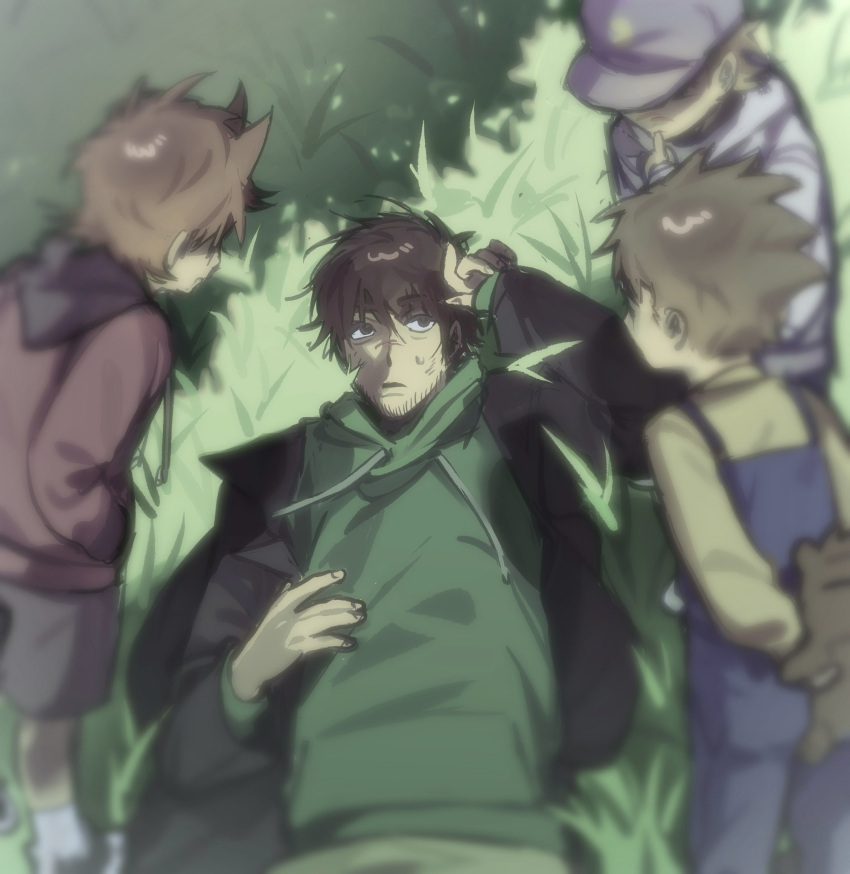 4boys, age_difference, aged_down, animification, baseball_cap, beard_stubble, black_coat, blue_overalls