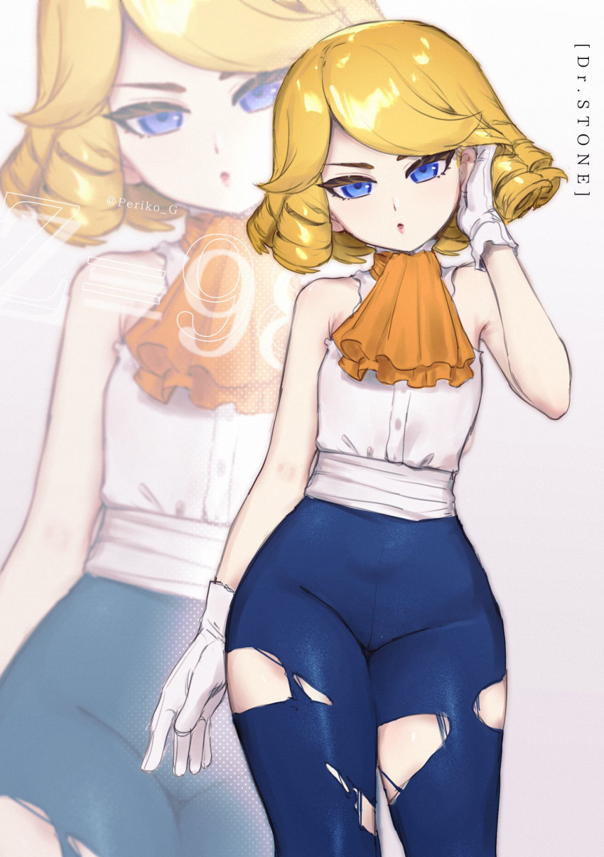 1girl, adjusting_hair, ascot, blonde_hair, blue_eyes, blue_pants, dr._stone, drill_hair