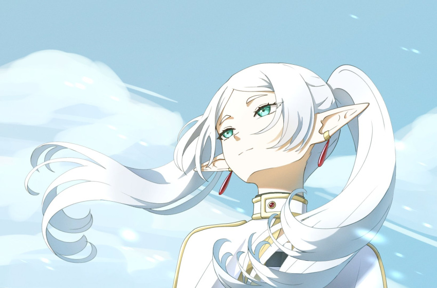 1girl, aqua_eyes, art_study, cloak, closed_mouth, clouds, commentary, day