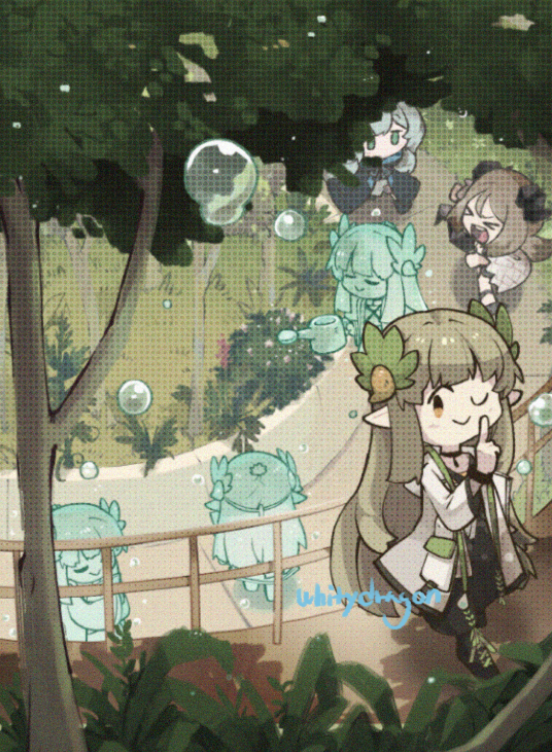 >_<, 3girls, animal_ears, arknights, artist_name, black_choker, black_shoes, blonde_hair, blue_hair, brown_hair, cat_ears, cat_girl, choker, clone, coat, day, deformed, demon_girl, demon_horns, elf, flowing_shape_(arknights), full_body, guard_rail, horns, hydrokinesis, ifrit_(arknights), jewelry, lab_coat, laurel_crown, light_blush, long_hair, medium_hair, muelsyse_(arknights), multiple_girls, no_mole, one_eye_closed, open_clothes, open_coat, open_mouth, pendant, pointy_ears, rosmontis_(arknights), shoes, smile, sneakers, tree, water, watering, watering_can, white_coat, whitydragon, yellow_eyes, yuuki_shushu