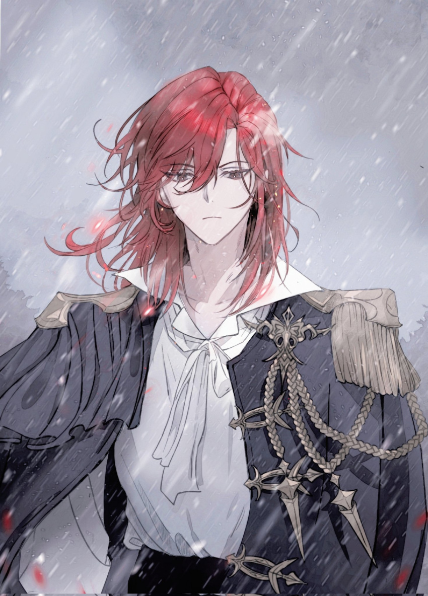 1boy, aiguillette, black_coat, black_jacket, cale_henituse, closed_mouth, coat, collared_shirt