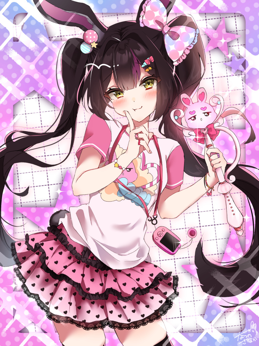1girl, 7290snk, animal_ears, black_hair, blush, bow, breasts, commentary_request, cowboy_shot, hair_bow, heisei_retro, highres, holding, holding_wand, jojifuku, lace-trimmed_skirt, lace_trim, lanyard, layered_skirt, long_hair, looking_at_viewer, original, pink_bow, pink_shirt, pink_skirt, polka_dot, polka_dot_skirt, print_shirt, rabbit_ears, rabbit_girl, rabbit_tail, shirt, signature, skirt, small_breasts, solo, sparkle, star_(symbol), t-shirt, tail, twintails, very_long_hair, virtual_pet_(toy), wand, yellow_eyes, zettai_ryouiki