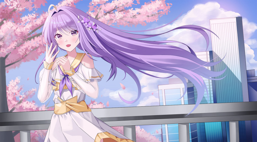 1girl, ahoge, aillatoste, ayauke, bare_shoulders, blue_sky, building, cherry_blossoms