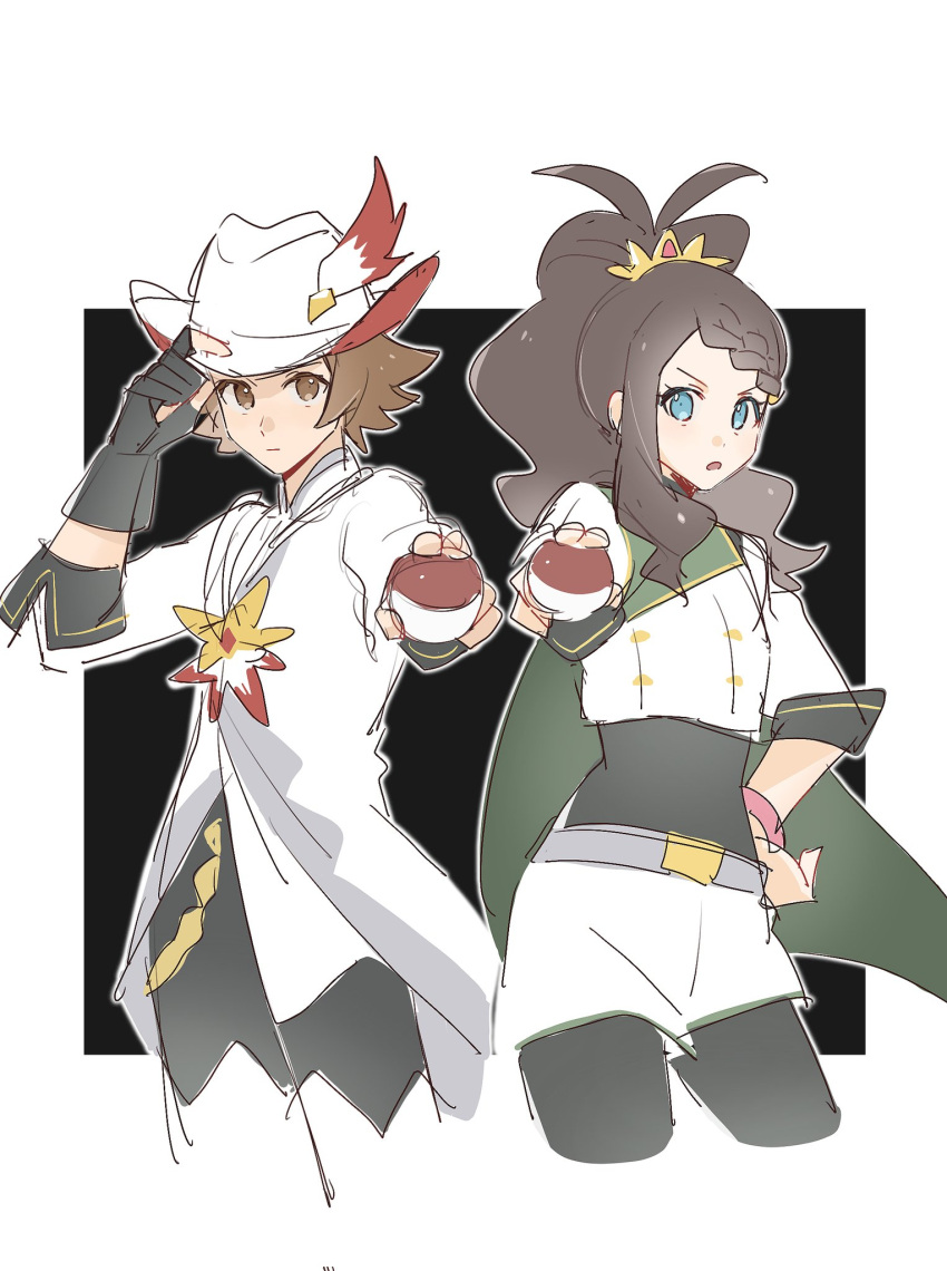 1boy, 1girl, black_bodysuit, black_gloves, blue_eyes, bodysuit, breasts, brown_eyes, brown_hair, cape, closed_mouth, cowboy_shot, gloves, green_cape, hat, highres, hilbert_(champion)_(pokemon), hilbert_(pokemon), hilda_(champion)_(pokemon), hilda_(pokemon), holding, jacket, long_hair, long_sleeves, looking_at_viewer, nemu_insleeping, pants, parted_lips, pokemon, pokemon_masters_ex, ponytail, shirt, short_hair, shorts, single_glove, white_shorts