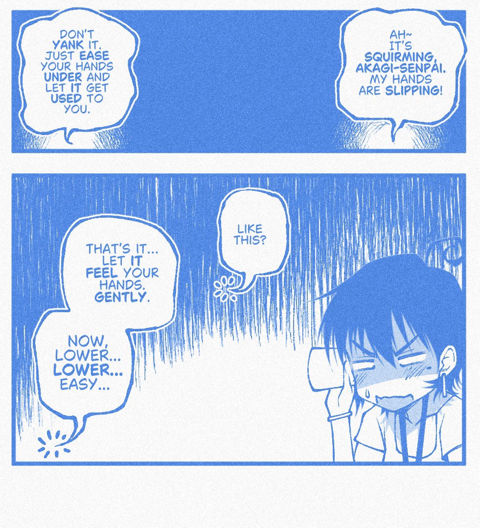 1girl, ahoge, blue_theme, choppy_bangs, cup, earrings, eavesdropping, english_text