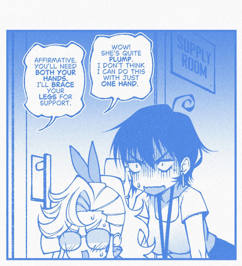 2girls, ahoge, blue_theme, breasts, choppy_bangs, cup, door, earrings