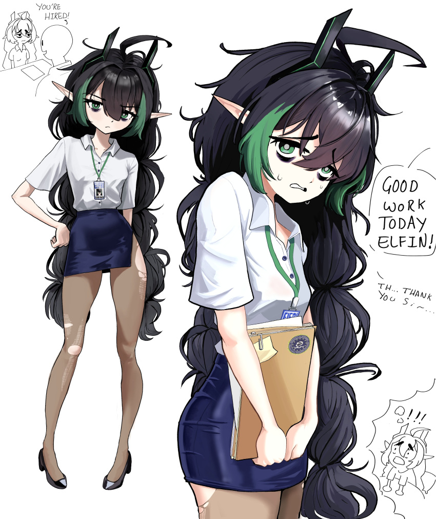 1girl, absurdres, ahoge, bags_under_eyes, black_hair, bonetaker2, braid, dress_shirt, elfinpsyop, full_body, green_eyes, green_hair, highres, indie_virtual_youtuber, long_hair, messy_hair, multicolored_hair, office_lady, pantyhose, pencil_skirt, shirt, shoes, short_sleeves, skirt, torn_clothes, torn_pantyhose, twin_braids, two-tone_hair, virtual_youtuber