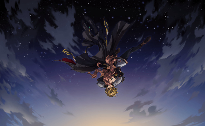 1boy, 1girl, armor, artist_request, black_dress, black_pants, blonde_hair, blue_eyes