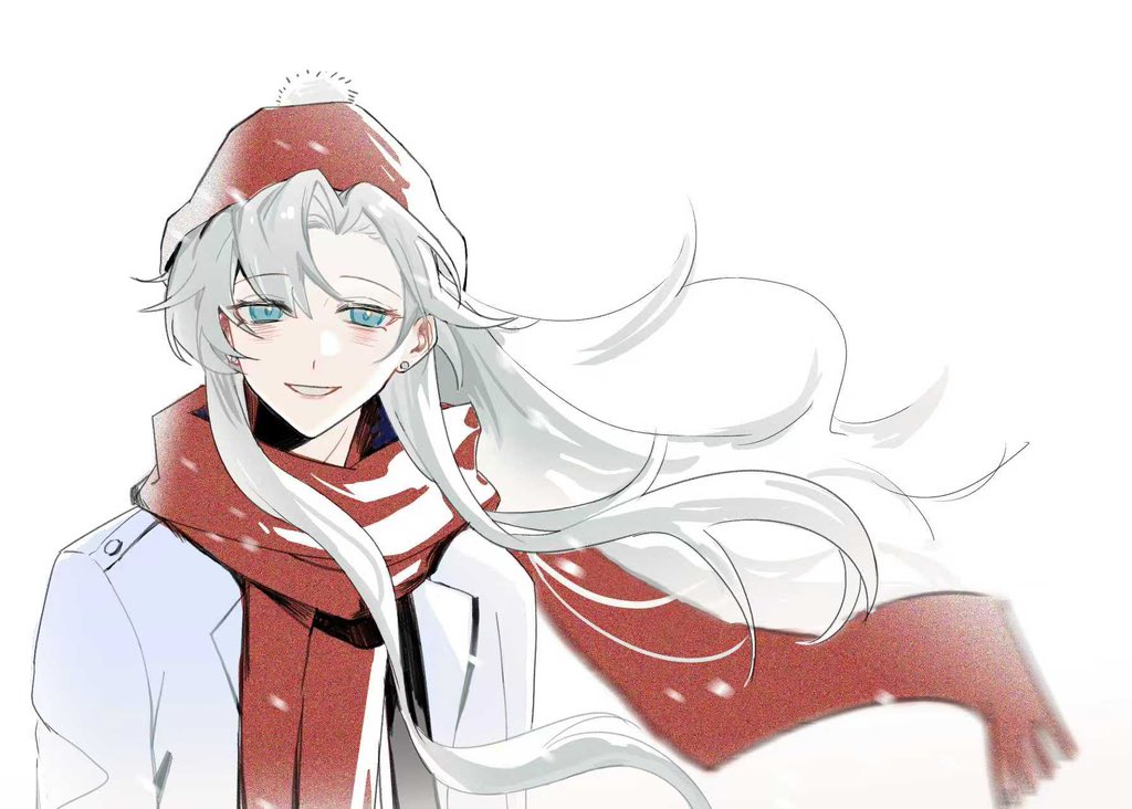1girl, beanie, blue_eyes, chinese_commentary, commentary_request, earrings, floating_hair, grin, hat, iris_wen, jewelry, long_hair, looking_at_viewer, love_curse:_find_your_soulmate, nideshi12345, pale_skin, pink_lips, red_hat, red_scarf, scarf, smile, white_hair, winter_clothes