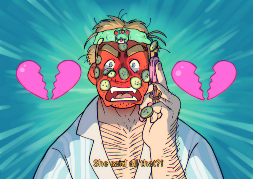 1boy, arm_hair, blonde_hair, blue_background, blue_eyes, blush, broken_heart, cellphone, cellphone_charm, charm_(object), chest_hair, commentary, cucumber, cucumber_on_face, cucumber_slice, english_text, flip_phone, full-face_blush, green_headband, grgxrt, headband, heart, highres, holding, holding_phone, male_focus, messy_hair, open_mouth, original, pajamas, phone, shirt, short_hair, simple_background, solo, striped_clothes, striped_shirt, subtitled, surprised, symbol-only_commentary, thick_eyebrows, v-shaped_eyebrows, white_pajamas