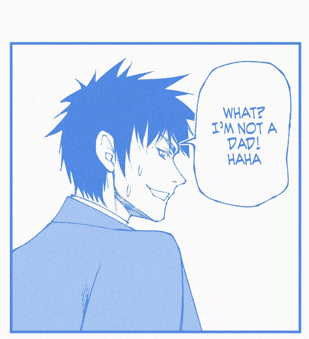 1boy, blue_theme, english_text, from_behind, jacket, looking_at_viewer, looking_back, male_focus, monochrome, open_mouth, original, short_hair, smile, solo, speech_bubble, studionice2011, sweat, talking, white_background