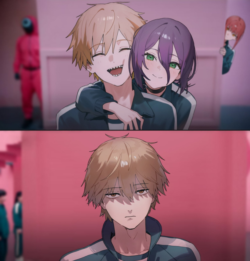 1boy, 2girls, before_and_after, blush, chainsaw_man, closed_eyes, denji_(chainsaw_man), green_eyes, green_jacket, green_pants, green_track_suit, grenade_pin, highres, jacket, jumpsuit, makima_(chainsaw_man), meme, multiple_girls, pants, partially_shaded_face, photo_background, purple_hair, reze_(chainsaw_man), sharp_teeth, shuraillusts, squid_game, teeth, track_jacket, track_suit, worker_(squid_game), year_1_&amp;_year_2_(squid_game)_(meme)