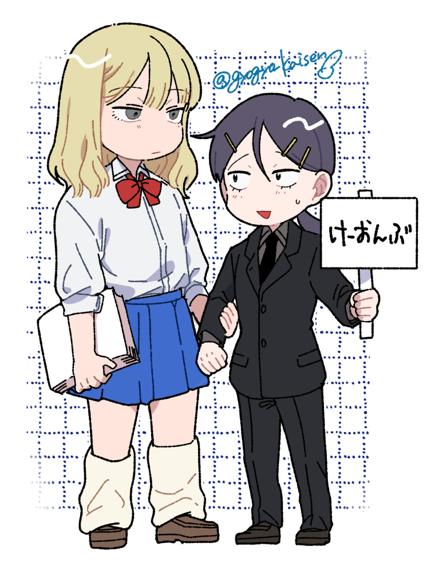 1boy, 1girl, :|, black_eyes, black_jacket, black_necktie, black_pants, black_suit