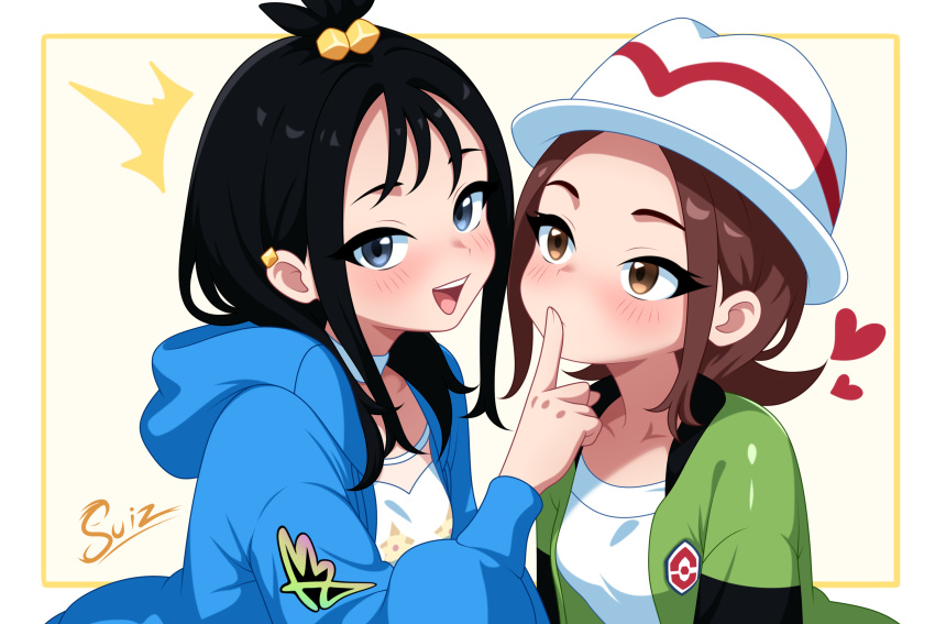 2girls, :d, artist_name, black_hair, blue_hoodie, brown_eyes, brown_hair, choker
