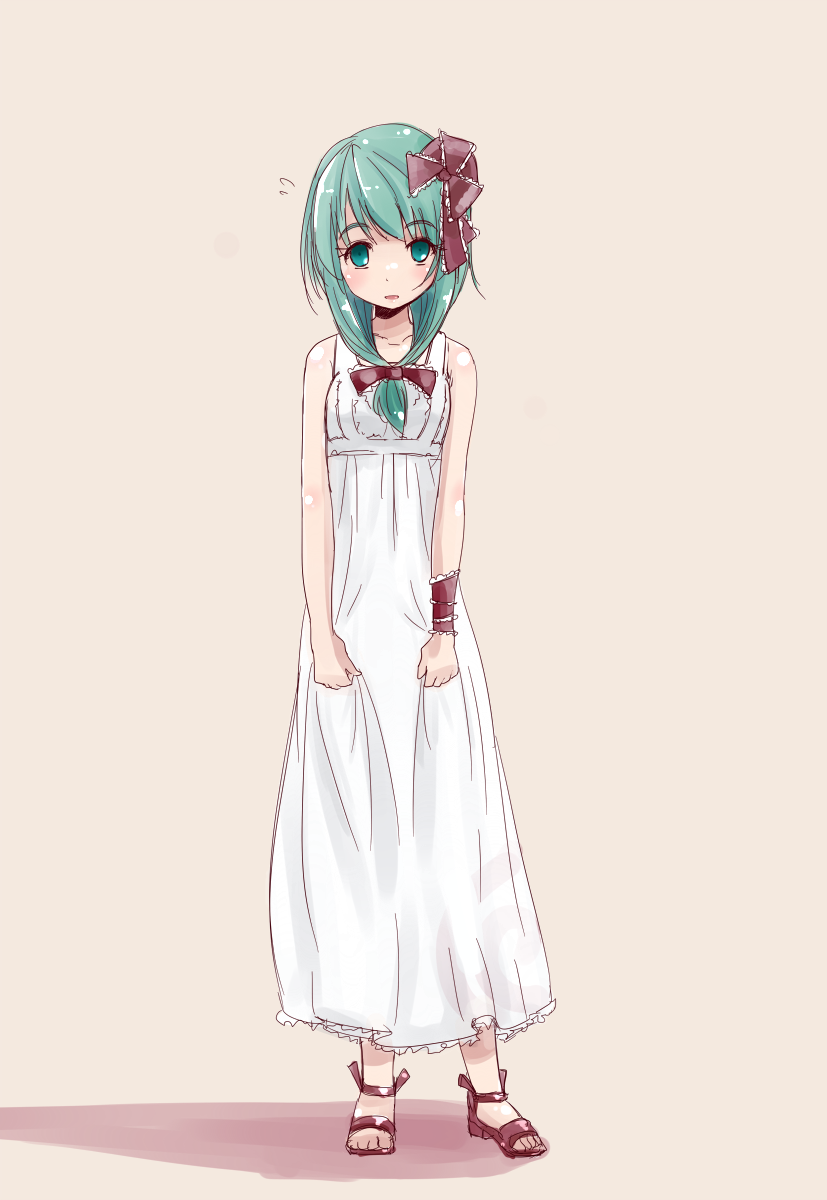 1girl, alternate_costume, bare_shoulders, dress, female, front_ponytail, green_eyes, green_hair, hair_ribbon, hakano_shinshi, highres, kagiyama_hina, long_hair, no_socks, ribbon, sandals, shoes, simple_background, solo, standing, touhou
