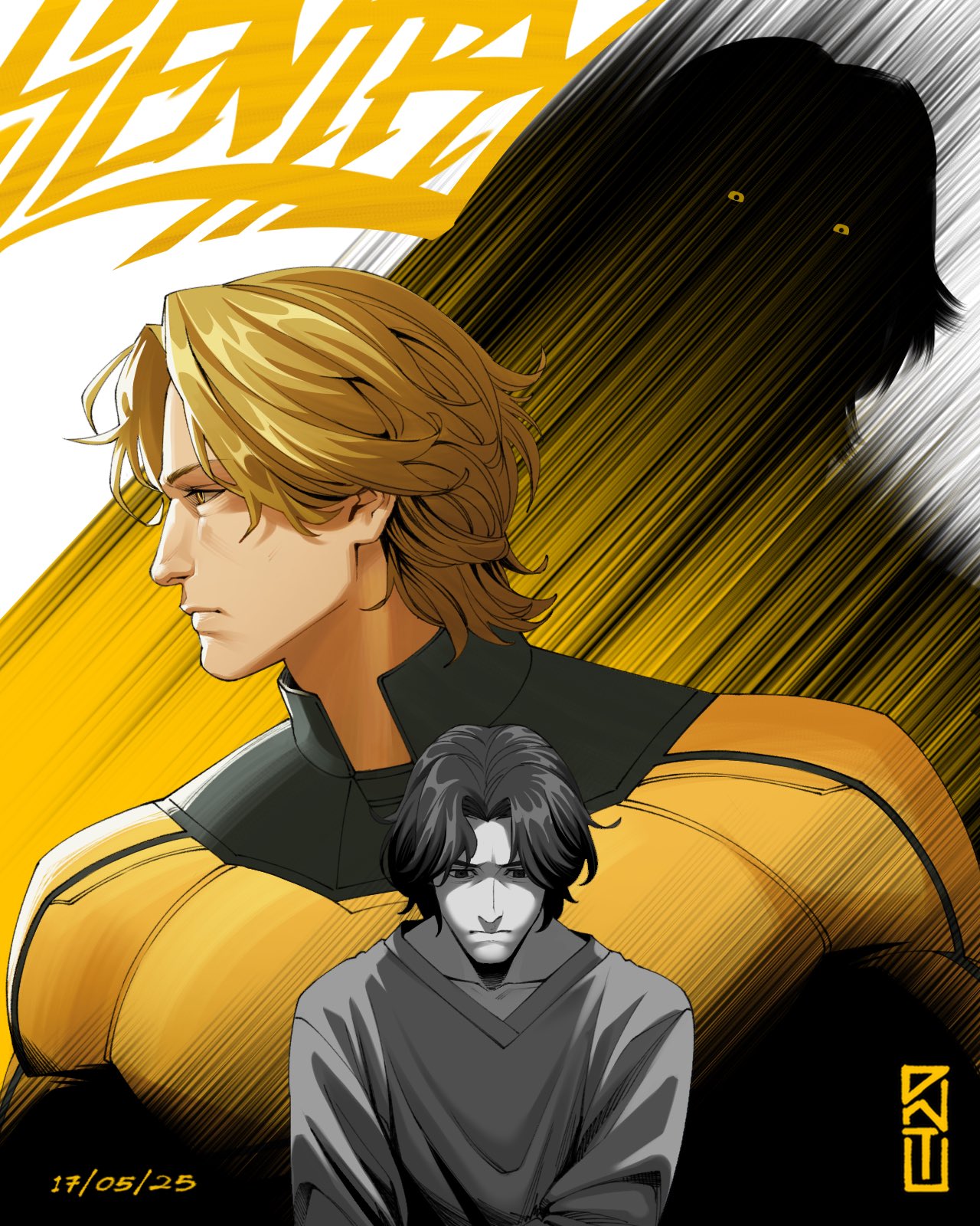3boys, blonde_hair, character_name, commentary, dated, dnt_agun, frown, highres