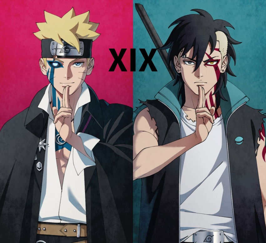 2boys, belt, black_cloak, black_eyes, black_hair, black_headband, blonde_hair, blue_eyes