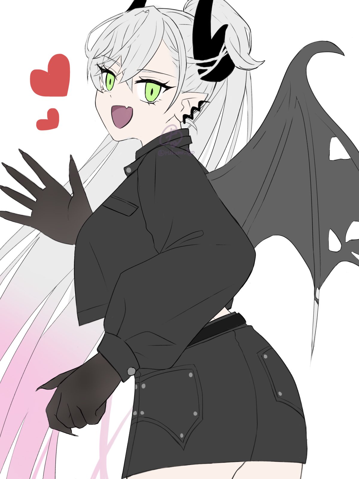 1girl, bat_wings, earrings, fate/grand_order, fate_(series), gradient_hair, green_eyes, heart