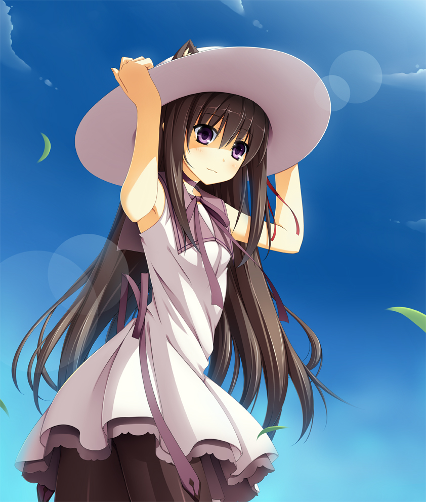 akemi_homura, animal_ears, black_hair, black_legwear, cat_ears, dress, hand_on_hat, hat
