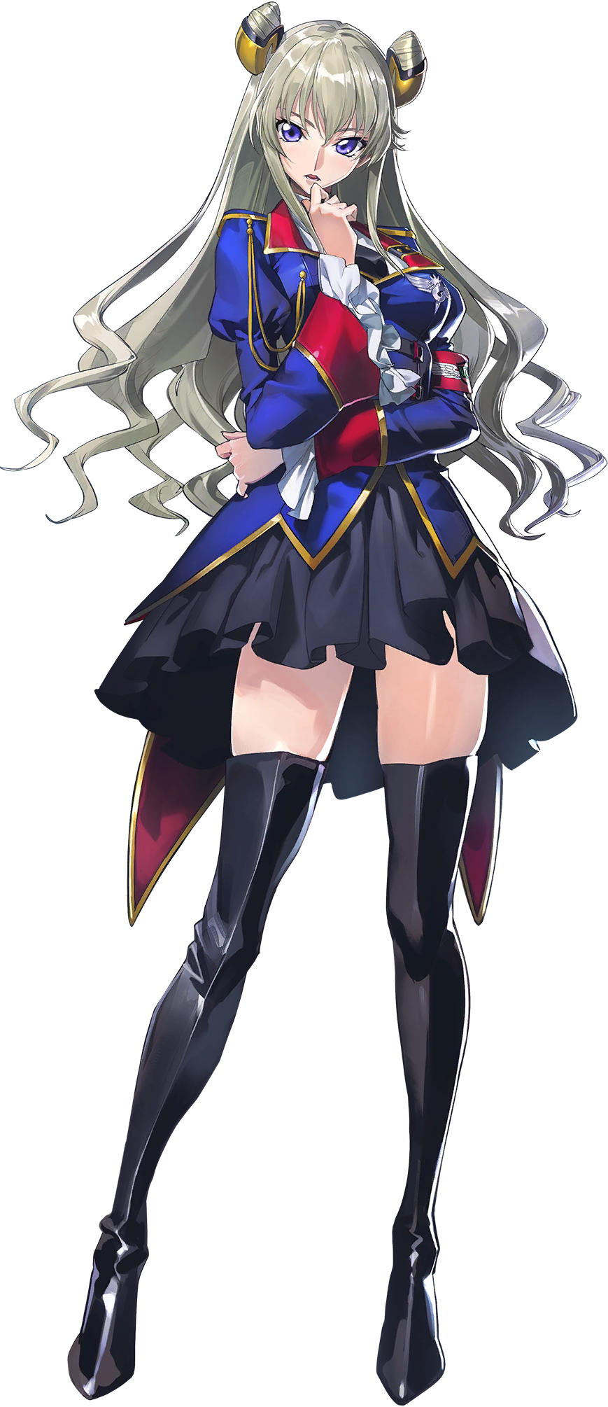 1girl, armband, black_necktie, blonde_hair, blue_eyes, breasts, clothes_lift, code_geass