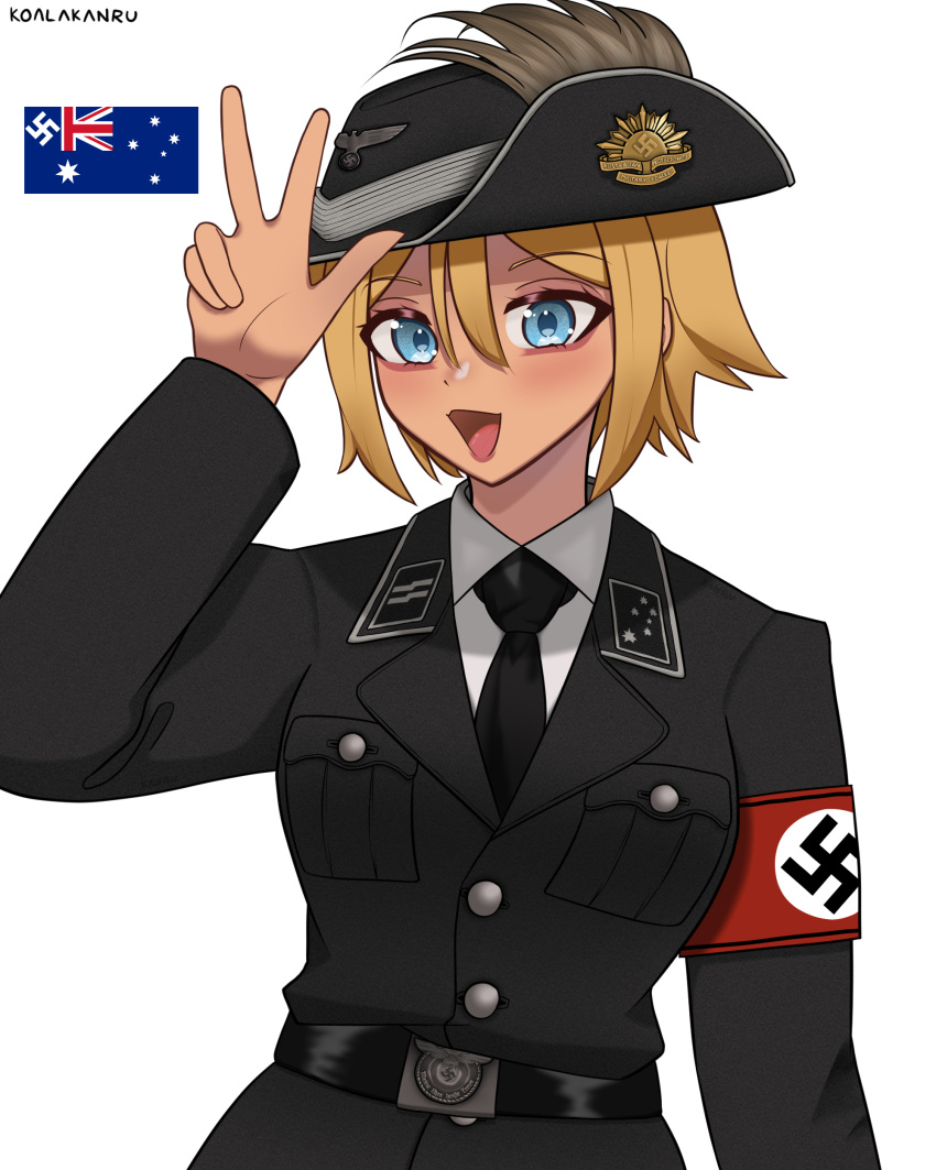 1girl, absurdres, artist_name, australian_flag, belt, belt_buckle, black_belt, black_hat