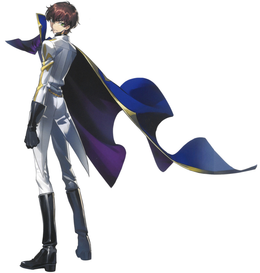 1boy, adjusting_cape, adjusting_clothes, arm_at_side, black_gloves, black_shirt, blue_cape, cape