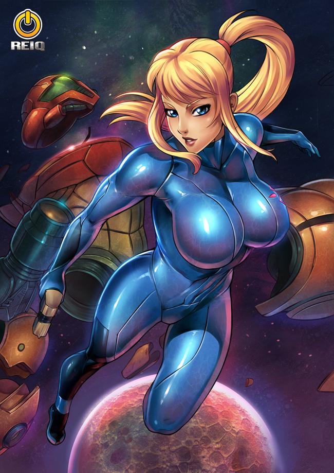 breasts, long_hair, metroid, reiq_(artist), samus_aran, spandex