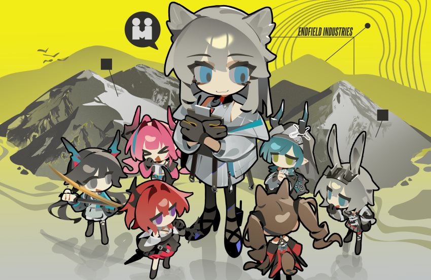 >_<, 6+girls, :3, :d, absurdres, angelina_(arknights), animal_ears, arknights