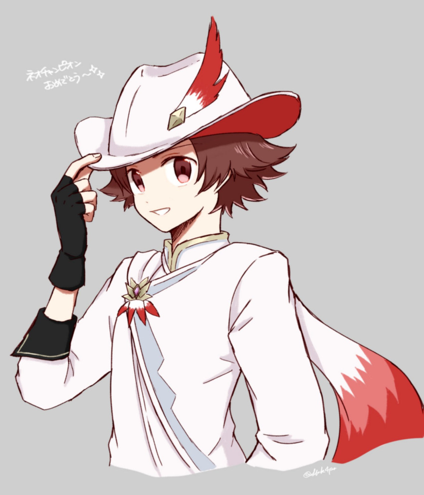 1boy, brown_eyes, brown_hair, cropped_torso, gloves, hat, hat_feather, highres