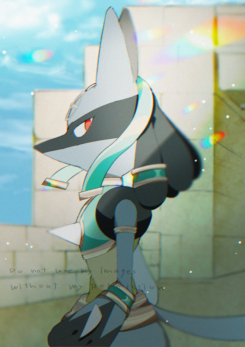 1other, absurdres, armlet, arms_at_sides, blue_sky, bracelet, brick_wall, clothed_pokemon