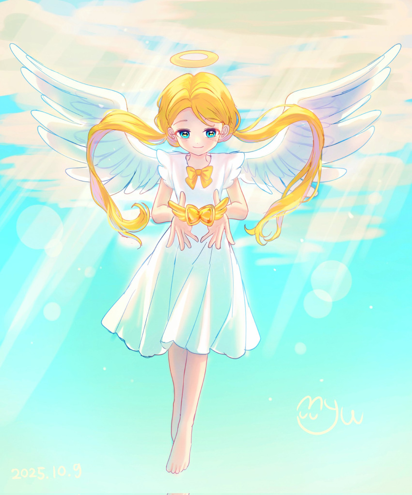 1girl, angel, angel_wings, barefoot, blonde_hair, blue_eyes, bow, closed_mouth, clouds, commentary, corrupted_twitter_file, dated, dated_commentary, dress, feathered_wings, full_body, halo, highres, long_hair, looking_at_object, myumyu_5510, official_alternate_costume, rainbow_bubblegem, signature, sky, smile, solo, traditional_halo, twintails, white_dress, white_wings, wings, yellow_bow, yellow_gold_(rainbow_bubblegem)