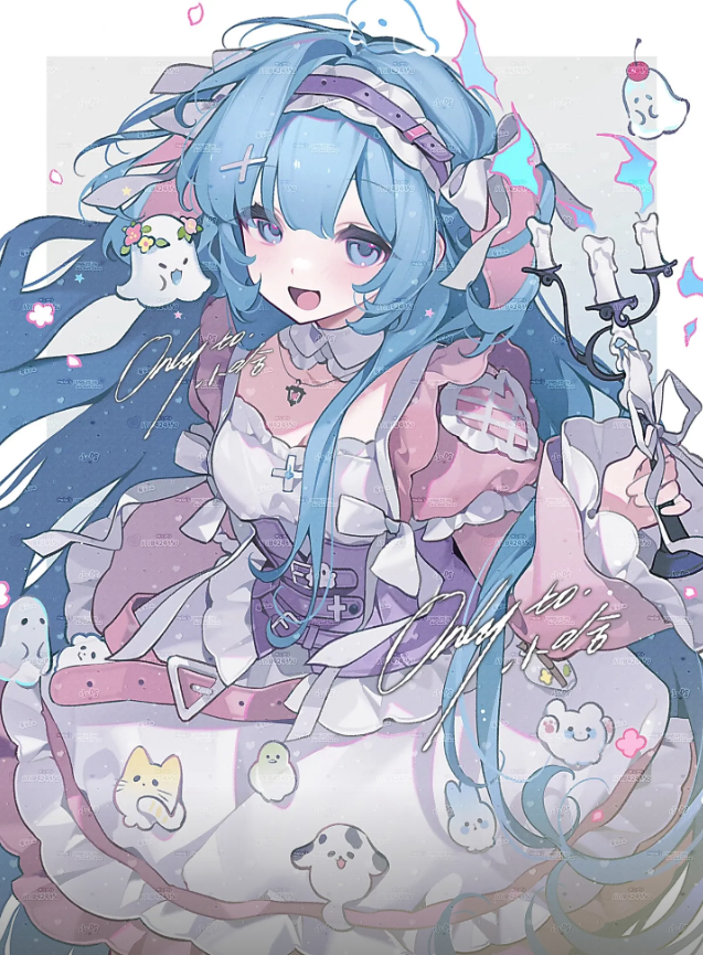 1girl, bad_source, belt, blue_hair, blunt_bangs, bow, candle, candlestand