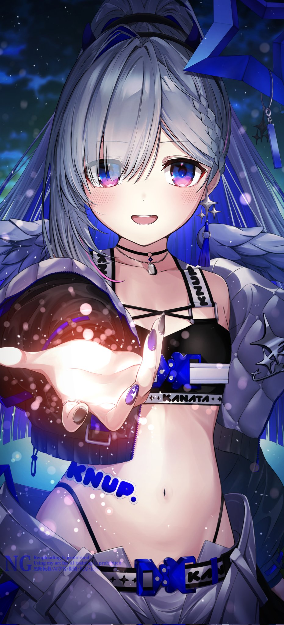 1girl, amane_kanata, amane_kanata_(lock_on), angel, angel_wings, belt, black_choker, black_sports_bra