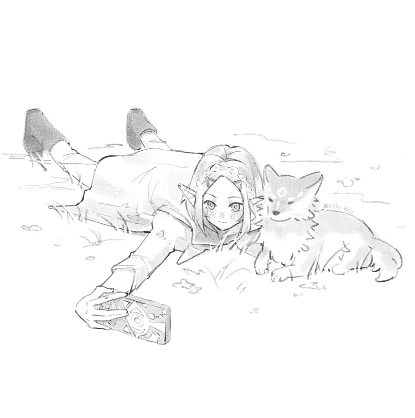 1girl, absurdres, blush, braid, ckkustar, crown_braid, dress, full_body, grass, greyscale, hair_ornament, hairclip, highres, juliet_sleeves, light_smile, long_sleeves, lying, monochrome, on_stomach, outdoors, pants, pants_under_dress, parted_bangs, pointy_ears, princess_zelda, puffy_sleeves, short_hair, sidelocks, sketch, speedpaint, the_legend_of_zelda, the_legend_of_zelda:_breath_of_the_wild, twitter_username, white_dress, white_pants, wolf