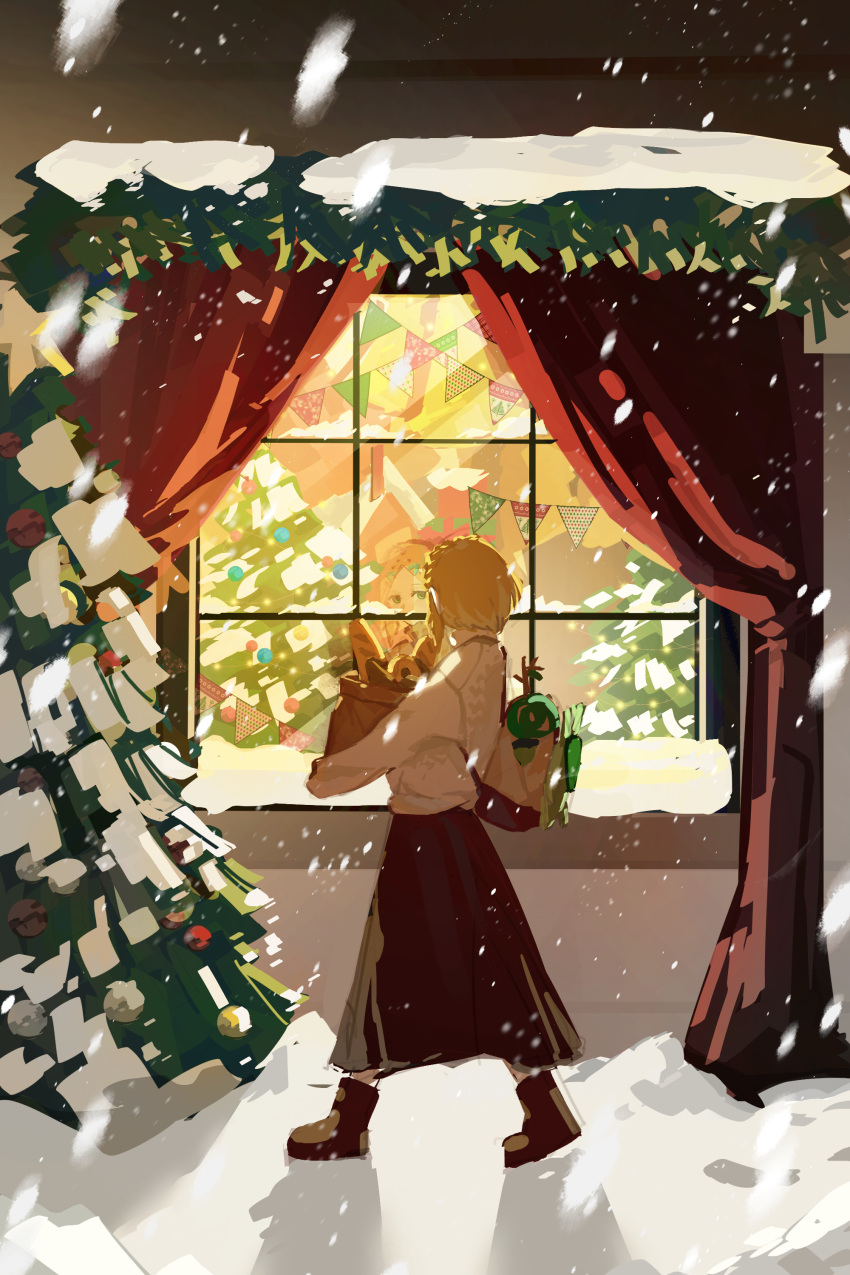 1girl, absurdres, backpack, bag, blonde_hair, braid, christmas, christmas_tree