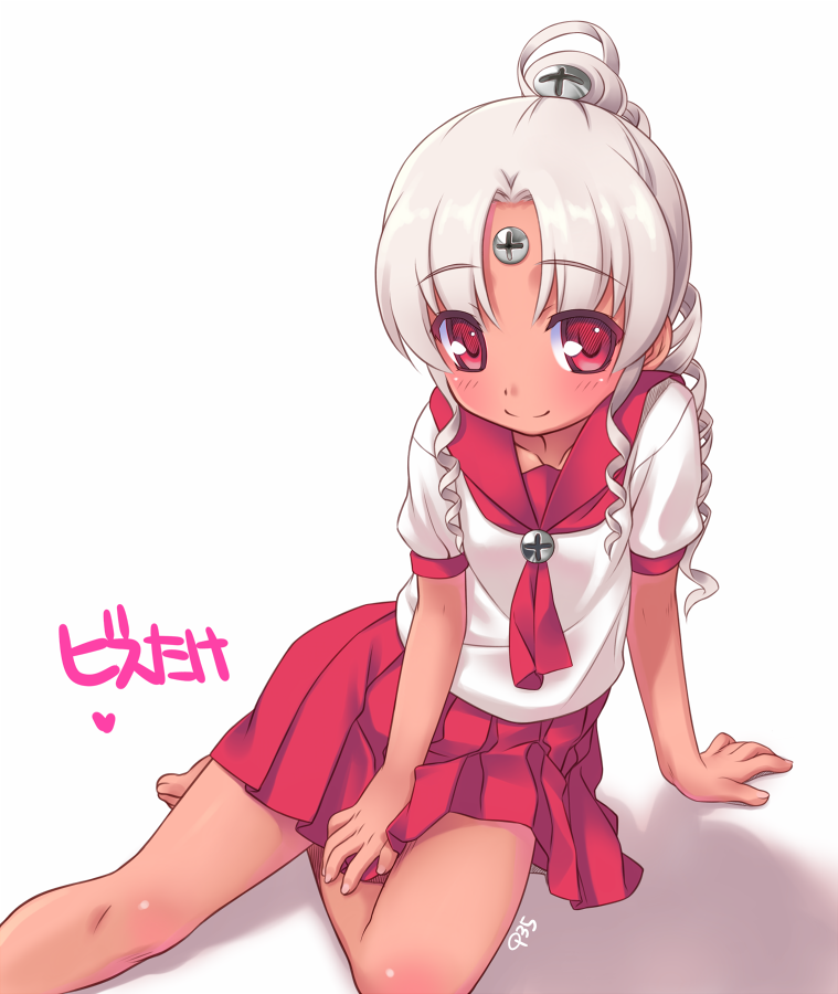 barefoot, brown_hair, drill_hair, long_hair, os, os-tan, ponytail, red_eyes