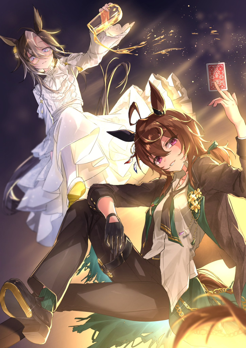 2girls, ahoge, animal_ears, belt, between_fingers, black_belt, black_gloves, black_hair