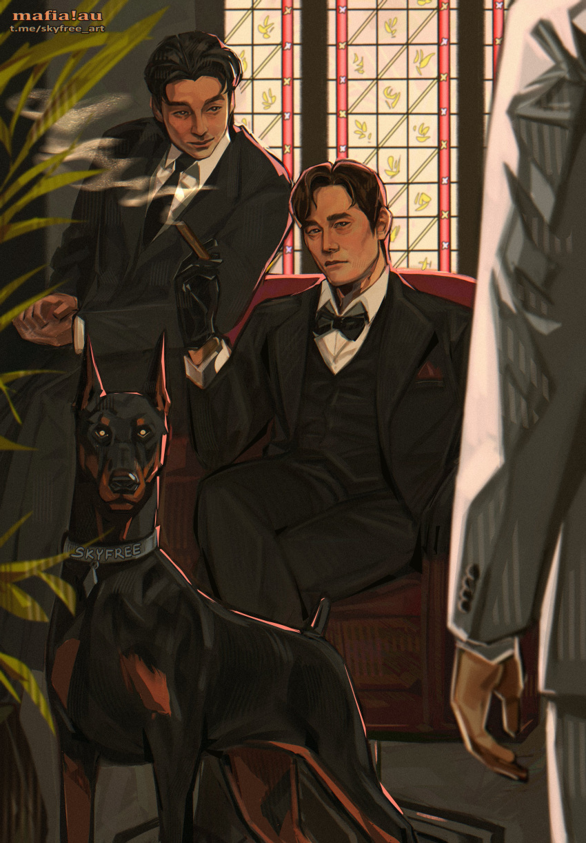 1other, 2boys, absurdres, animal, backlighting, black_coat, black_gloves, black_hair, black_necktie, black_vest, bow, bowtie, buzz_cut, cigar, coat, collared_shirt, couch, crossed_legs, dachshund, dog, full_body, gloves, head_tilt, highres, holding, holding_cigar, hwang_in-ho, looking_at_viewer, multiple_boys, necktie, out_of_frame, plant, potted_plant, seong_gi-hun, shirt, short_hair, sitting, skyfree_art, squid_game, the_salesman_(squid_game), very_short_hair, vest, white_shirt