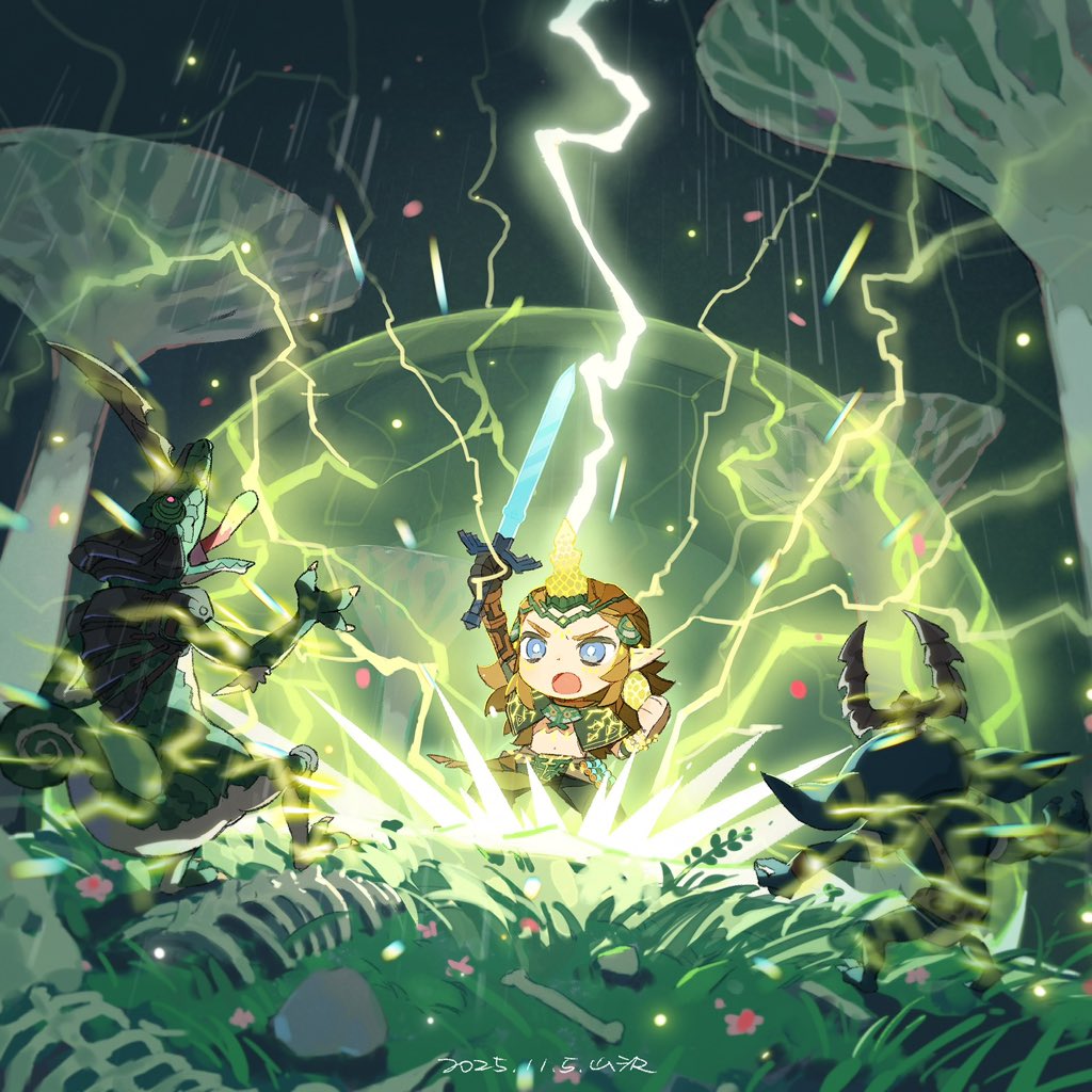 animal_skeleton, black_pants, blonde_hair, blue_eyes, bone, charged_set_(zelda), chibi, chibi_only