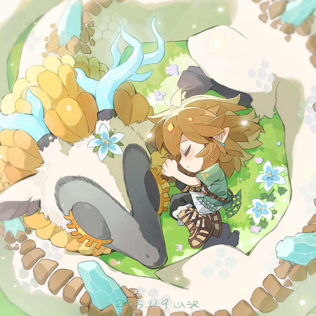 1boy, black_pants, blonde_hair, blue_flower, chibi, chibi_only, closed_eyes, dated