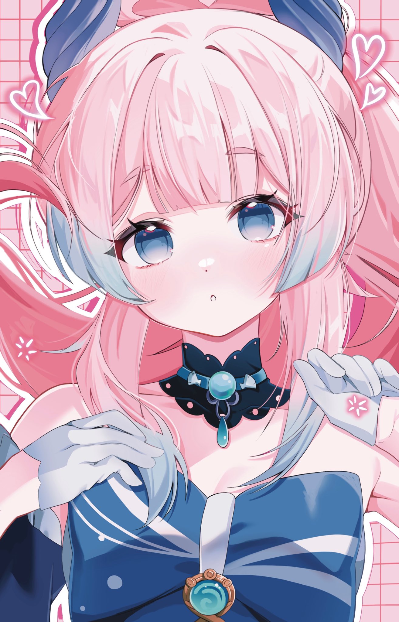 1girl, blue_bow, blue_eyes, blue_hair, blunt_bangs, blush, bow, detached_collar