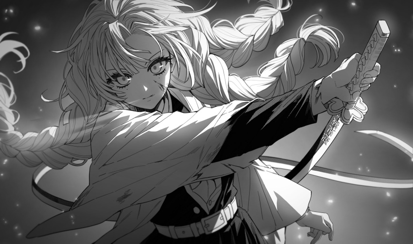 1girl, 2ixkl18968, belt, blood, blood_on_face, braid, closed_mouth, commentary_request, demon_slayer_uniform, fighting_stance, greyscale, haori, highres, holding, holding_sword, holding_weapon, japanese_clothes, kanroji_mitsuri, kimetsu_no_yaiba, light_particles, long_hair, long_sleeves, looking_at_viewer, mole, mole_under_each_eye, mole_under_eye, monochrome, multiple_braids, multiple_moles, serious, simple_background, solo, sword, tri_braids, upper_body, weapon, whip_sword