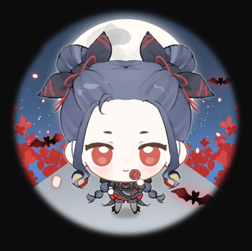 1girl, animal, baonu_de_zhanshen_caibutou, bat_(animal), black_bloomers, black_border, black_bow, black_dress