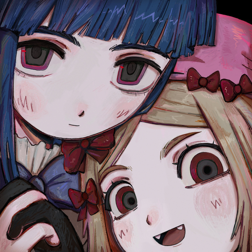 2girls, absurdres, black_background, blue_hair, blunt_bangs, blush, bow, brown_hair